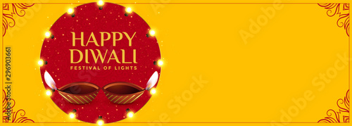 happy diwali yellow banner with diya design