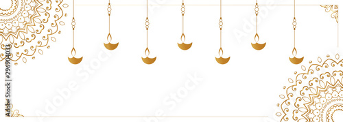 hanging diya lamp on white banner design