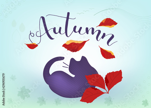 Purple Street Sad Grumpy Cat Lies and Looks at the Falling maple and wild grape Leaves. Adopt concept of homeless animals in the fall. Autumn vector illustration, banner, cover or website background.