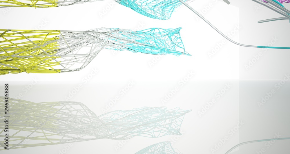 Abstract architectural white and glass gradient color smooth wire interior of a minimalist house with large windows. 3D illustration and rendering. Abstract architectural white and glass gradient color smooth wire interior of a minimalist house with large windows. 3D illustration and rendering.
