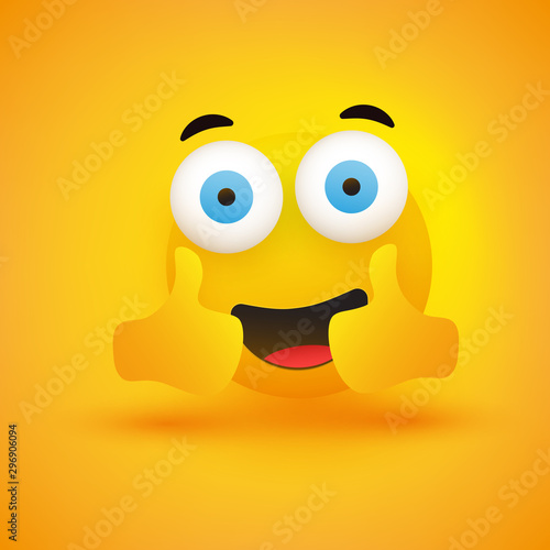 Smiling Emoji - Simple Happy Emoticon with Pop Out Eyes Showing Thumbs Up on Yellow Background - Vector Design