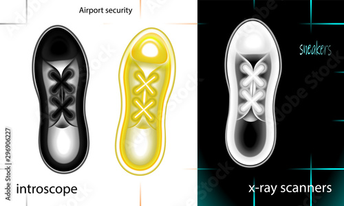Radiograph Sneakers set, shoes in introscope screen image, isolated sign design on black, white background. Illumination illustration. Vector of Xray airport scanner for tourism and business travel