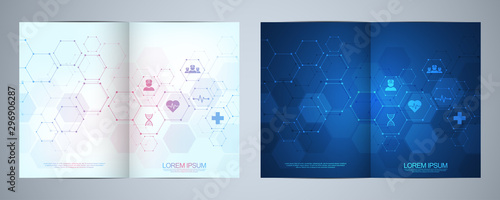 Template brochure or cover book, page layout, flyer design. Concept and idea for health care business, innovation medicine, pharmacy, technology. Medical background with flat icons and symbols. © berCheck