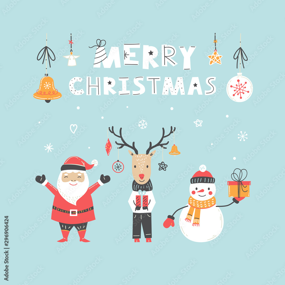 Christmas card with Santa Claus, deer, snowman and lettering Christmas card with Santa Claus, deer, snowman and lettering