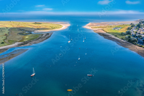 Aerial view of entrance to the  harbor seaport in Malahide, Dublin county, Ireland.Seascape of the irish coastline in  summer.