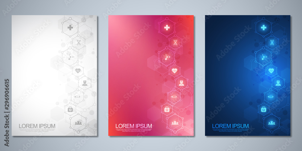 Template brochure or cover book, page layout, flyer design. Concept and idea for health care business, innovation medicine, pharmacy, technology. Medical background with flat icons and symbols. Template brochure or cover book, page layout, flyer design. Concept and idea for health care business, innovation medicine, pharmacy, technology. Medical background with flat icons and symbols.
