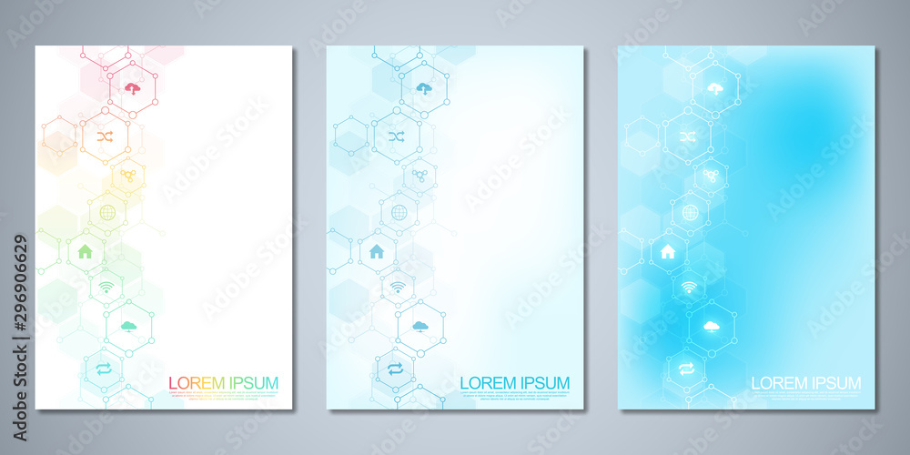 Template brochure or cover book, page layout, flyer design with technological background and flat icons and symbols. Concept and idea for innovation technology and communication.