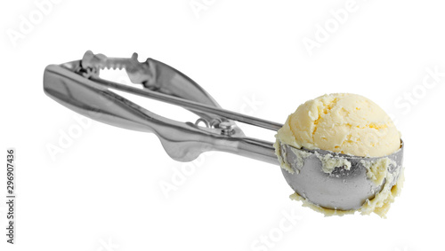 vanilla ice cream and metal ice cream scoop isolated on white background