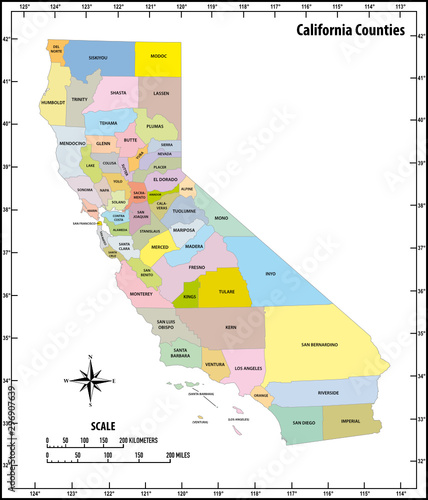 california state outline administrative and political map in color