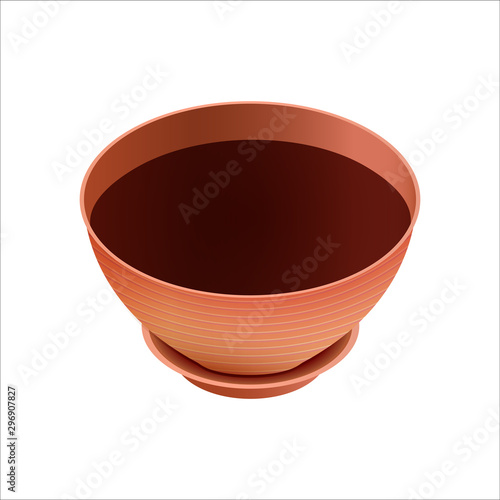 Empty ceramic brown flowerpots for cultivation of plants. Clay pot in an isometry, isolated on a white background. Vector illustration