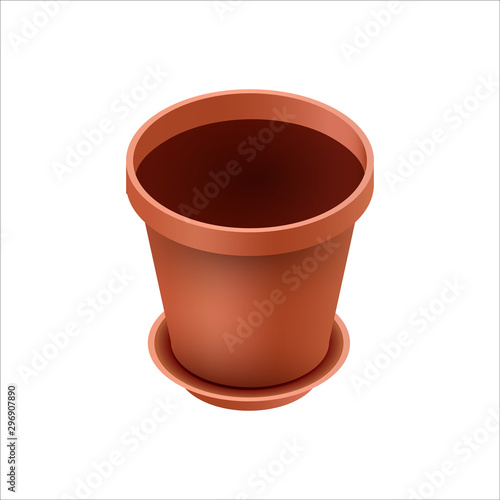 Empty ceramic brown flowerpots for cultivation of plants. Clay pot in an isometry, isolated on a white background. Vector illustration