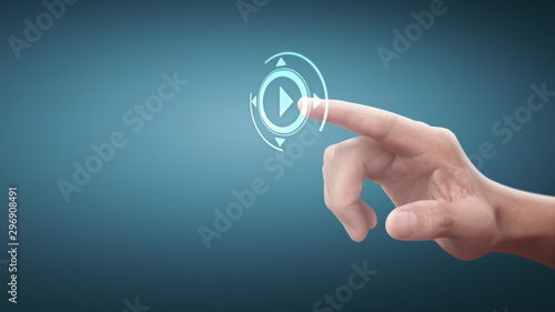 Hands touching button screen interface global connection customer networking
