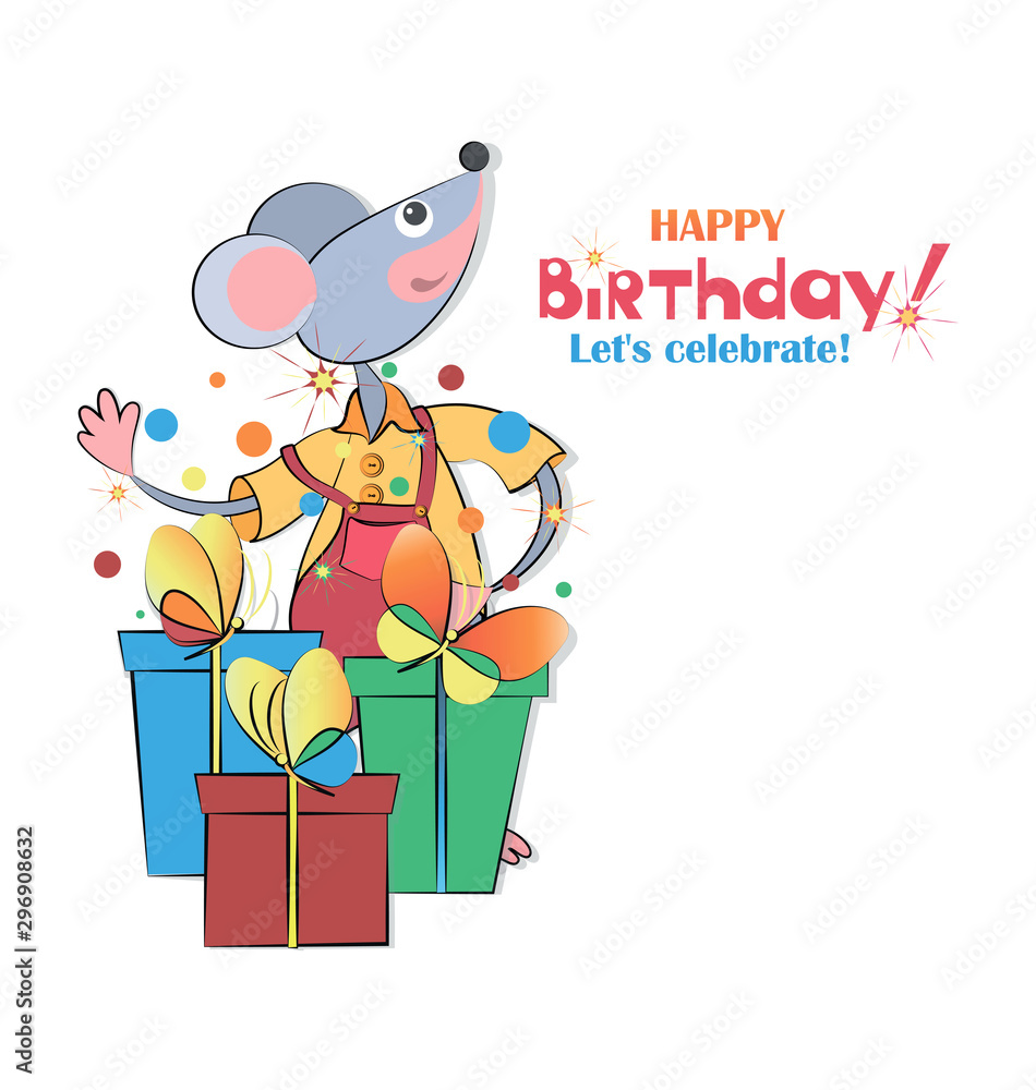 Naklejka premium Rat, gifts, butterflies. Happy Birthday. Cartoon Cute mouse character for postcard, poster or calendar, horoscope with place for text. The mouse is the Chinese symbol of 2020.