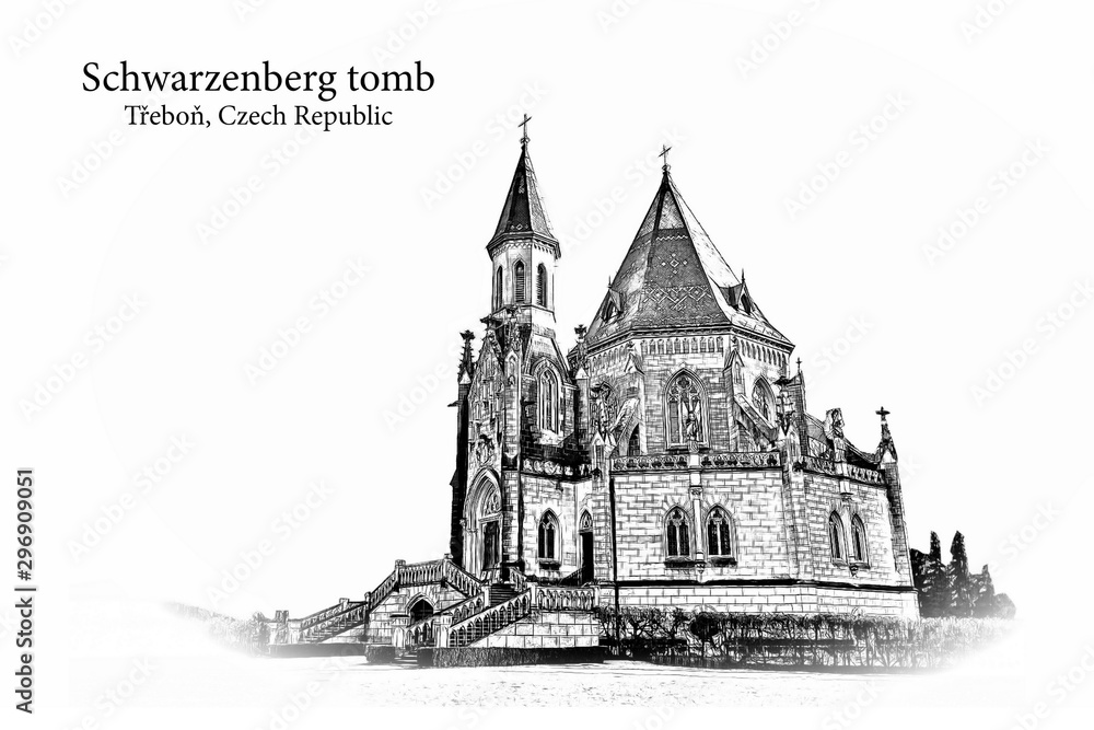 Schwarzenberg tomb in Trebon, Czech republic -Vintage travel sketch.