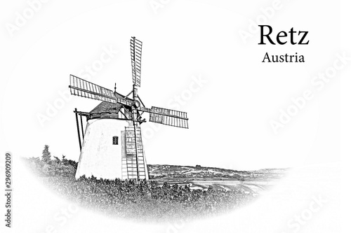 Old windmill near Retz village in Austria - Vintage travel sketch.