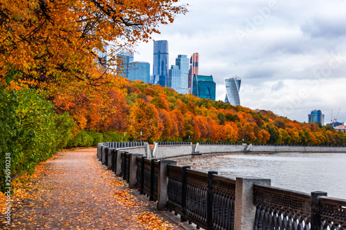 Photography View at Moscow city from banks of the Moscow river. Russia.