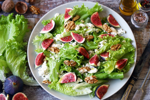 Green salad with figs and white cheese. Keto salad. Keto diet.