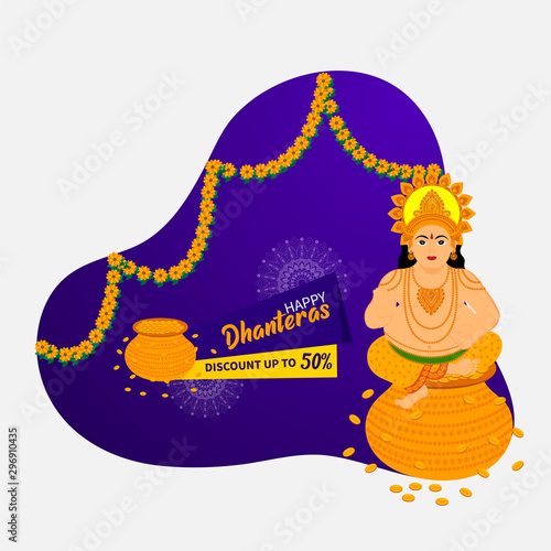 Abstract minimal concept design on shubh dhanteras sale upto 50% off. vector illustration of lord kuber. Happy Dhanteras and Diwali.