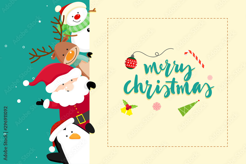Fototapeta premium Christmas Greeting Card with Christmas Santa Claus ,Snowman and reindeer. Vector illustration