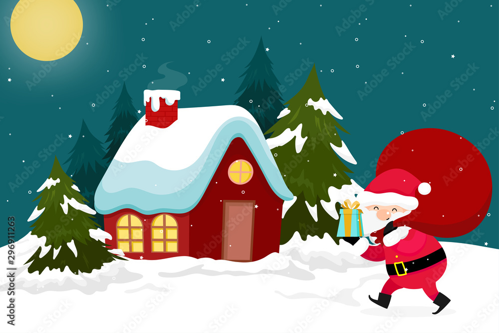 Fototapeta premium Christmas Greeting Card with Christmas Santa Claus ,Snowman pine and reindeer. Vector illustration