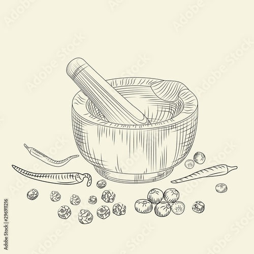 Mortar and pestle concept. Pepper set. Grinding spices and food ingredients.