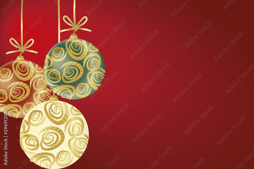 Christbaumkugeln mit goldenen Ornamenten in cream, grün und rot auf rotem Hintergrund rechts ausgerichtet. Christbaumkugeln mit goldenen Ornamenten in cream, grün und rot auf rotem Hintergrund rechts ausgerichtet.