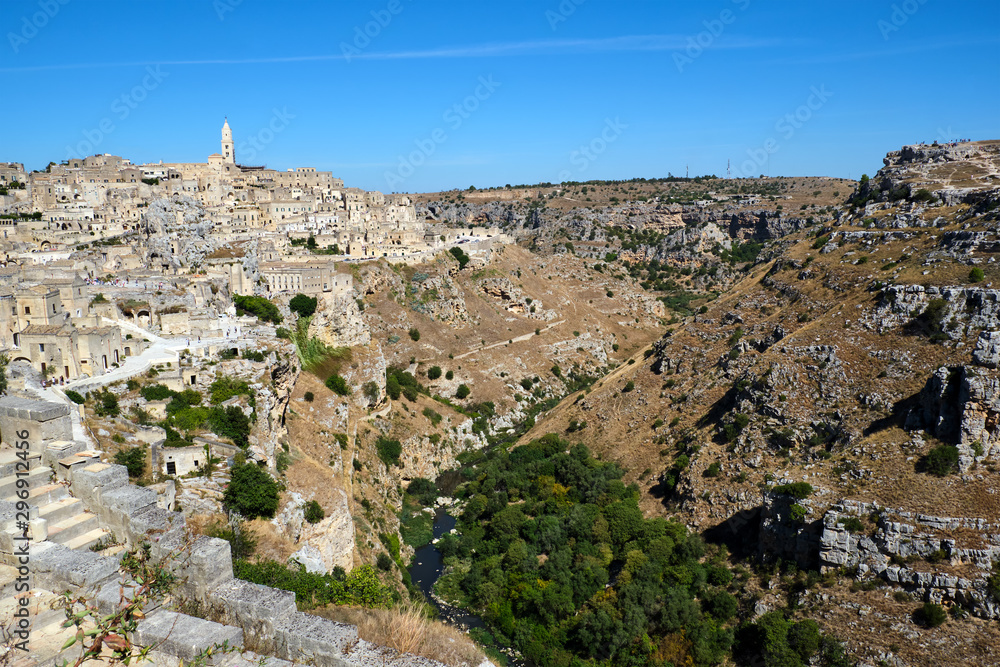 View of the beautiful old town of Matera and the canyon of the Gravina river