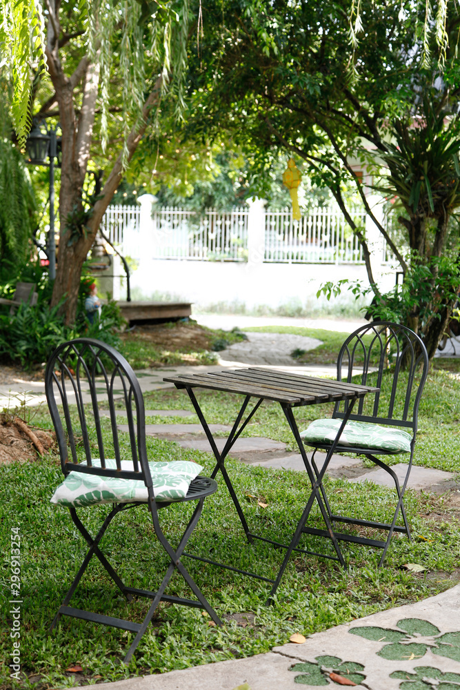 iron chair and table in the cafe garden