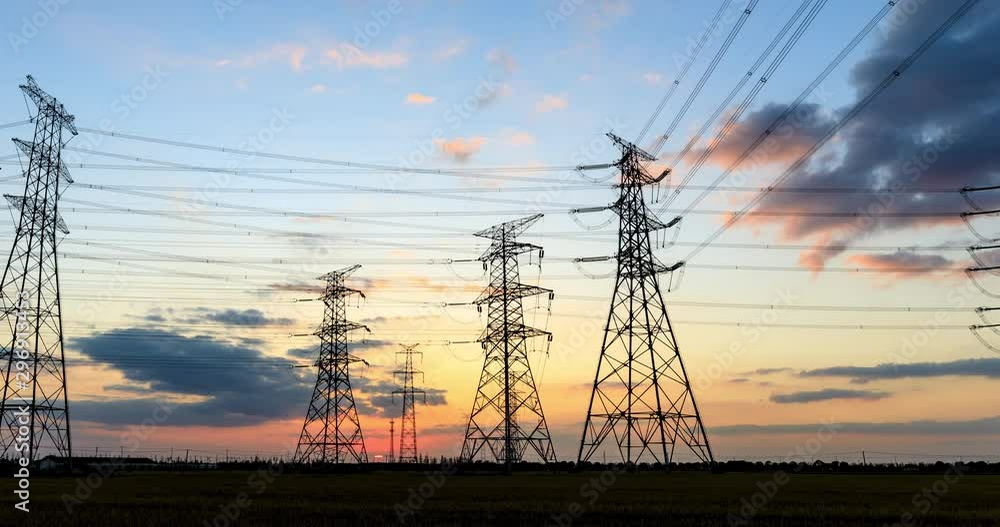 Time Lapse of Electric High Voltage Pylon.Silhouette of Electricity ...