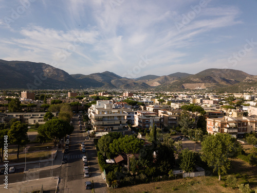 View of the city against the backdrop of the mountains. Terracina, Province of Latina, Lazio Region, Italy