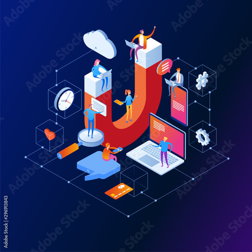 Customer strategy, customer support and service 3d isometric vector illustration. Banner with icons.