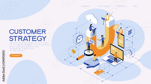 Customer strategy, customer support and service 3d isometric vector illustration. Banner with icons.
