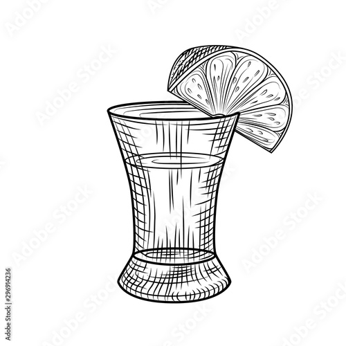 Tequila shot and slice lime isolated on white background. Full shot glass of alcohol.