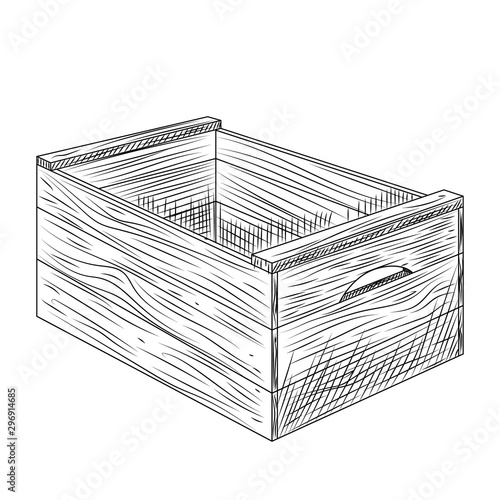 Wooden box isolated on white background. Vintage engraved style.