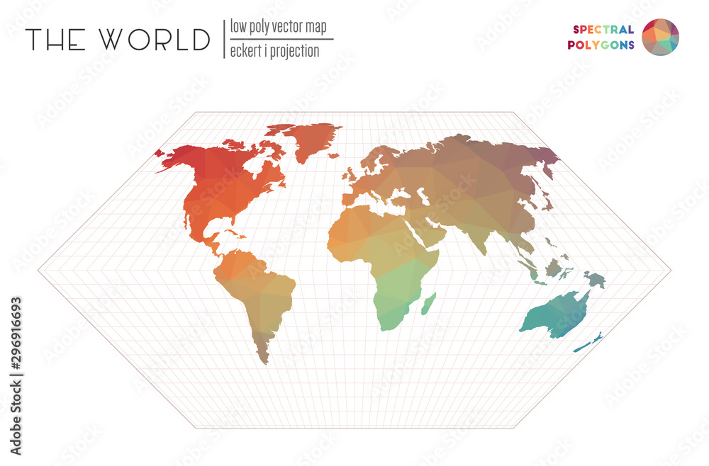 Fototapeta premium Abstract world map. Eckert I projection of the world. Spectral colored polygons. Beautiful vector illustration.