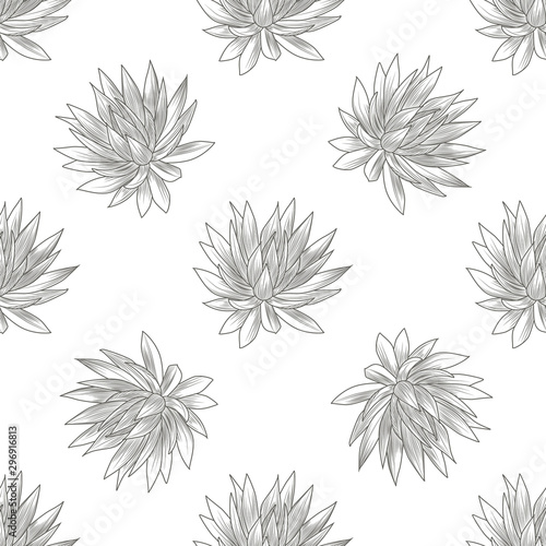 Hand drawn blue agave seamless pattern. Succulent plants wallpaper. Engraving vintage style.