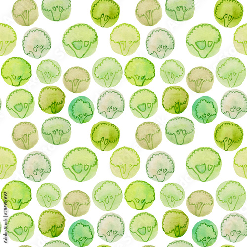 Watercolor seamless pattern with fresh green broccoli isolated on white 