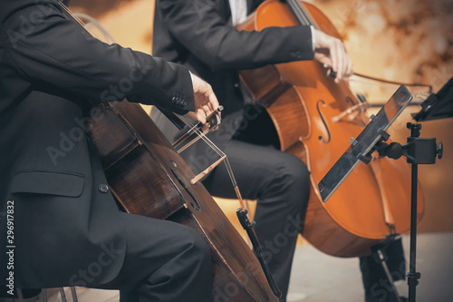 A Duo of two musicians in black suits who play the cellos with bows in the autumn.