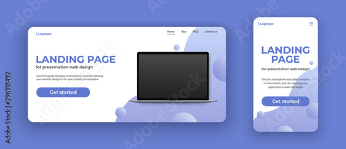 Laptop mockup on landing page for computer and mobile. Website concept for show web design, presentation on realistic laptop device and smartphone.