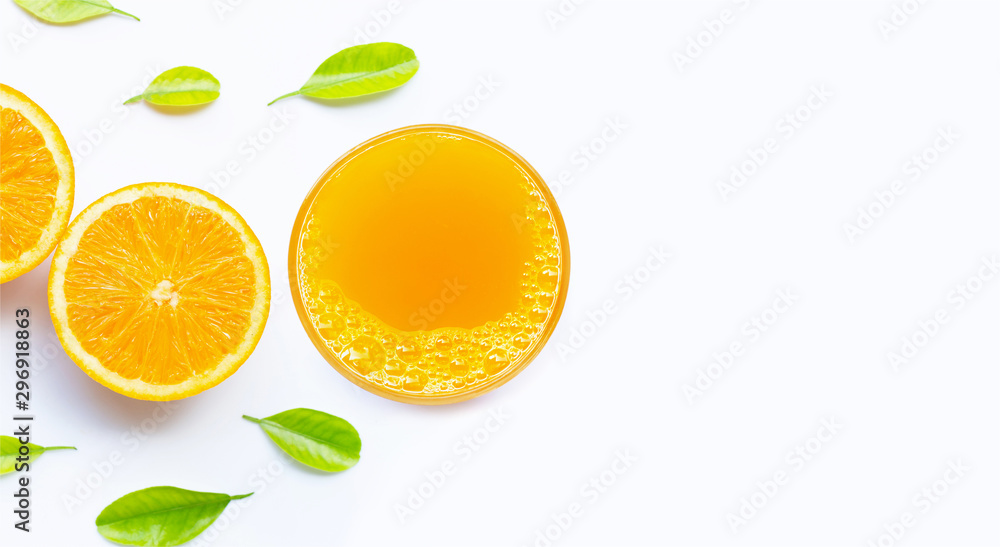 Glass of fresh orange juice on white background.