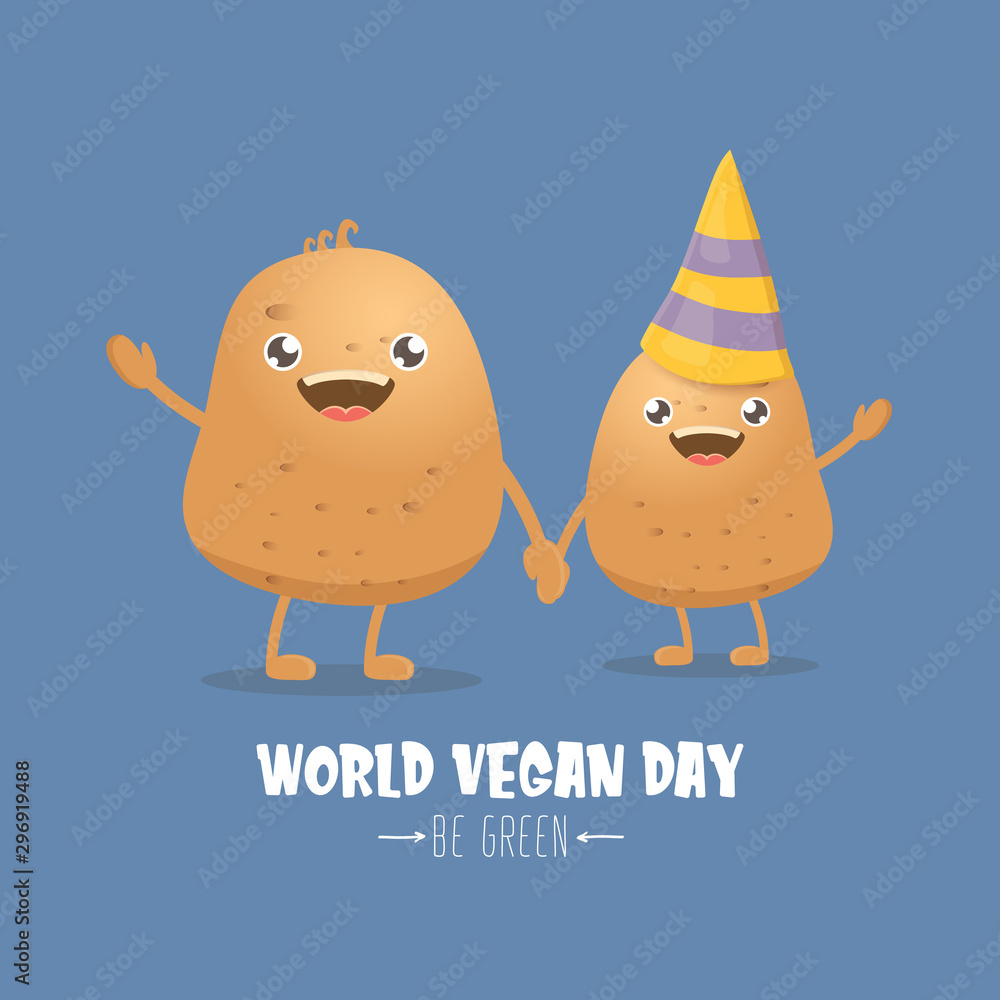 Fototapeta premium World vegan day greeting card with funny cartoon cute brown smiling tiny potato isolated on blue background. Vegan day banner. vegetable funky character