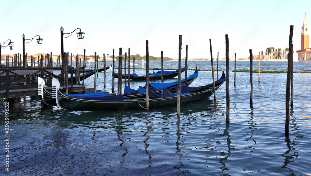 Gondolas rest at their moorings, Venice - Italy