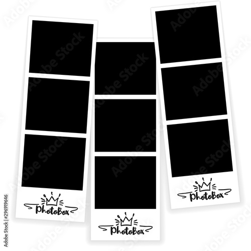 Photo booth picture frames. Vintage snapshots, instant photos and photographs strips. Photo box snapshot, photography picture card mockup isolated vector illustration icons set