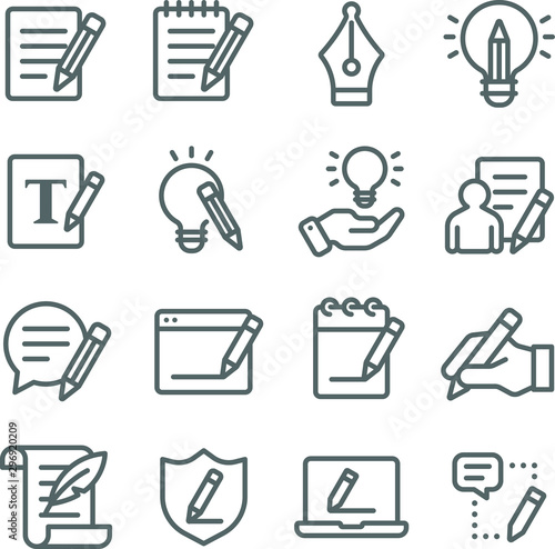 Copywriting icons set vector illustration. Contains such icon as content, writing, ideation, storytelling, editing and more. Expanded Stroke