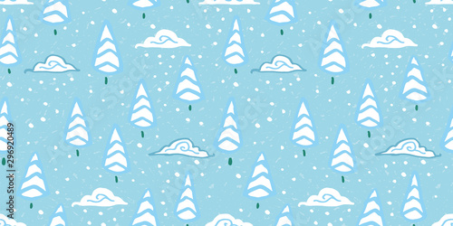 Cozy winter forest christmas pattern with hand drawn line art tree and doodle cloud in blue and icy tones on textured background. Happy design for your perfect winter day and christmas season.