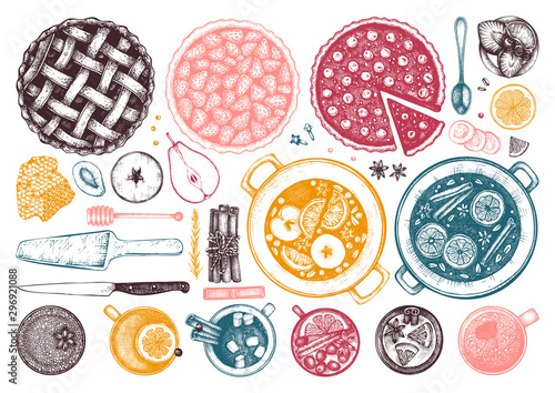 Hot drinks, homemade pies and desserts collection. Winter food and drinks top view. Hand drawn illustration of Christmas dishes.