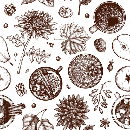 Hot seasonal drinks background. Mulled wine, hot chocolate, coffee, tea and autumn plants and flowers illustrations. Hand drawn winter drinks sketches. Christmas bar menu template.
