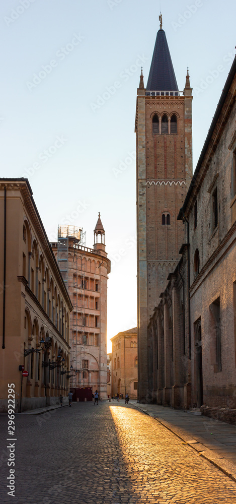 View to the cathedral and baptistery on Piazza del Duomo in Parma, Italy