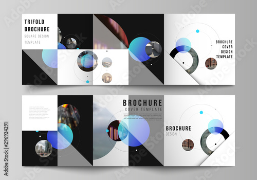 Vector layout of square format covers design templates for trifold brochure, flyer. Simple design futuristic concept. Creative background with blue circles and round shapes that form planets and stars