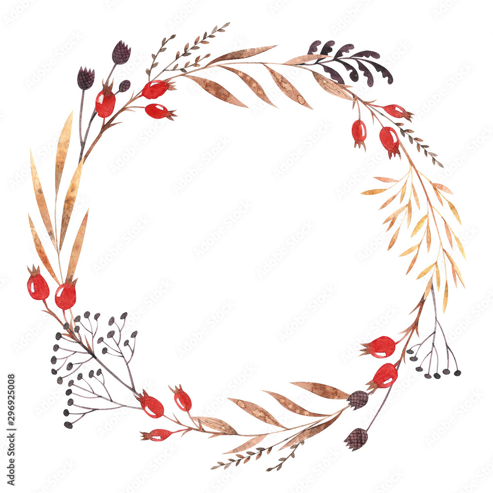 Fototapeta Watercolor round frame with dried winter herbs, leaves and dog-rose berries isolated on white background. Autumn illustration. Hand drawn floral wreath for invitations, greeting cards, postcards.